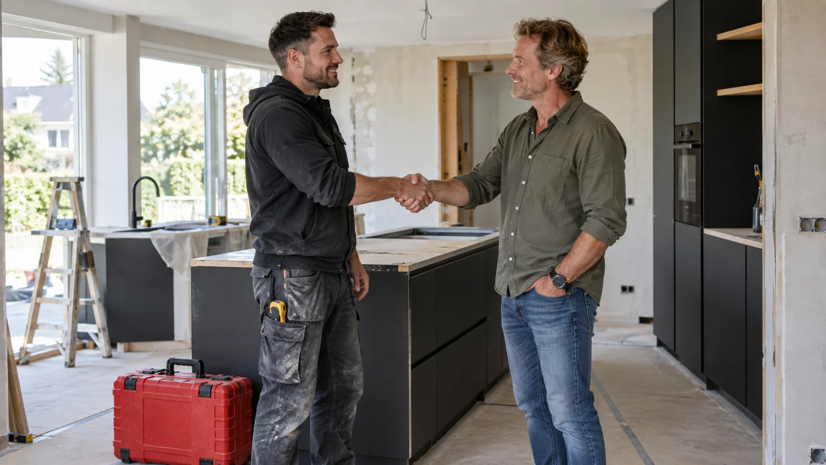 Twee vakmensen bespreken een rode gereedschapskist in een keuken.