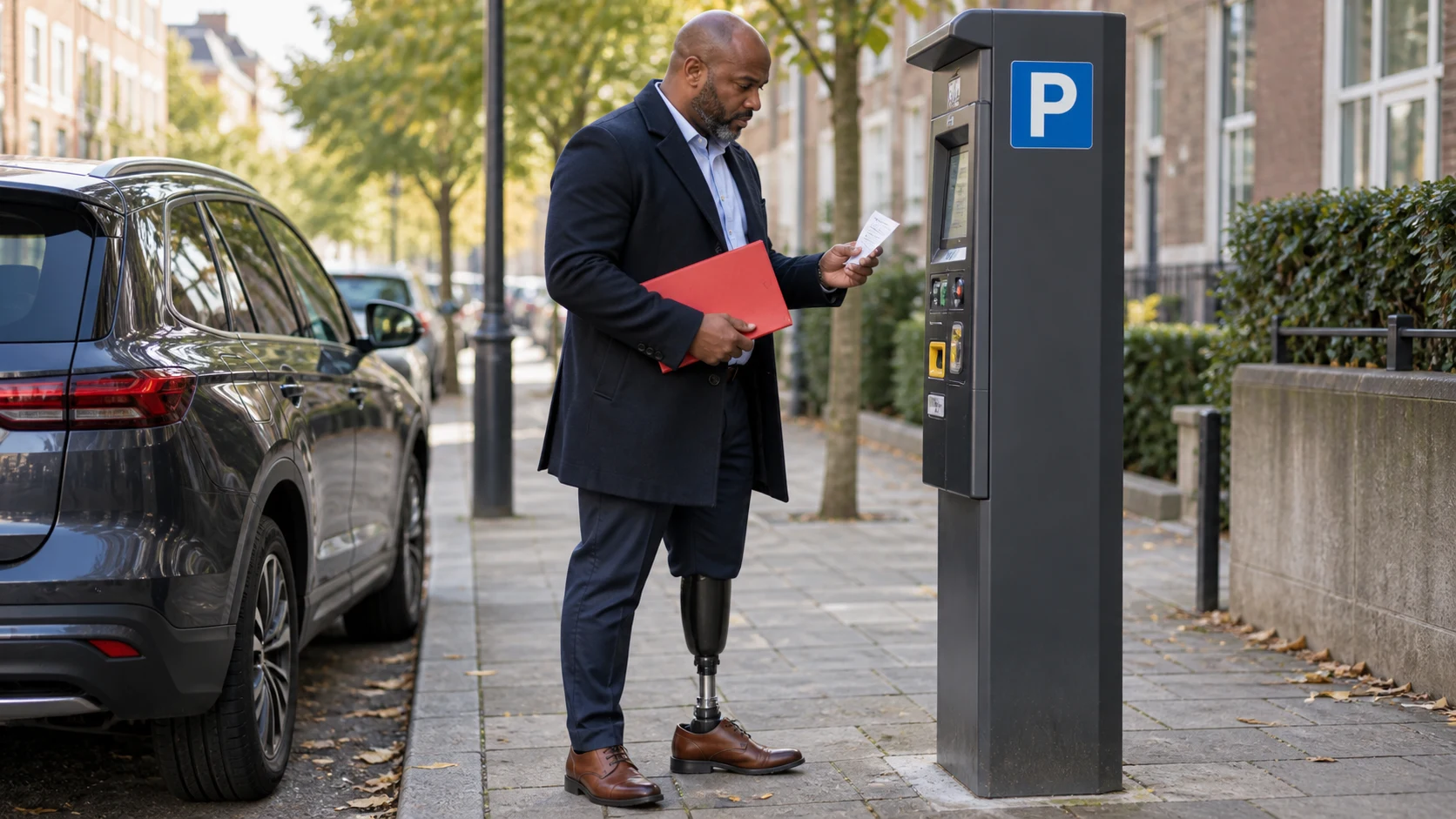 Ondernemer met beenprothese bekijkt een parkeerbon bij een betaalautomaat.