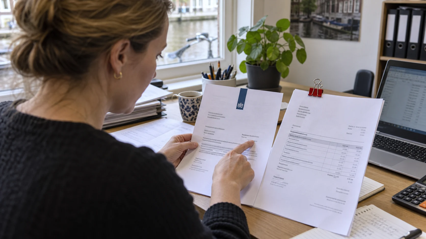Ondernemer controleert officiële bedrijfsdocumenten aan haar bureau.
