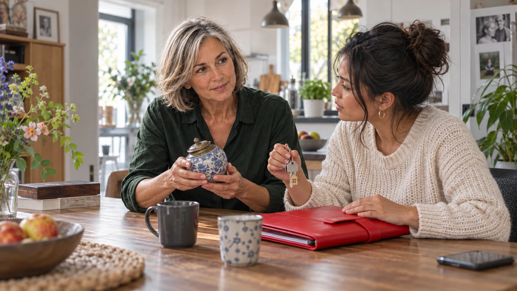 Twee ondernemers bespreken documenten aan tafel met een rode map.