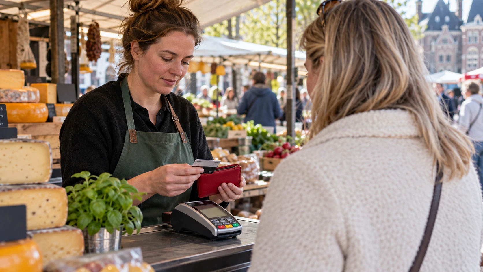 Marktkoopvrouw verwerkt een kaartbetaling bij haar kraam.