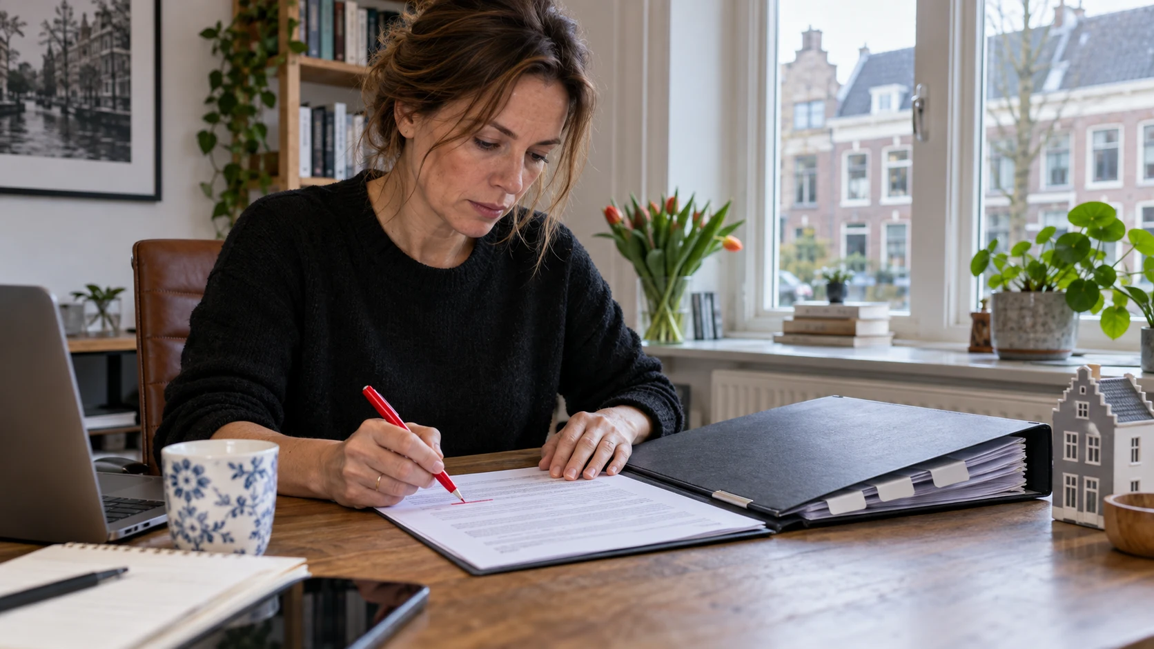 Ondernemer vult een formulier in naast haar laptop en ordners.