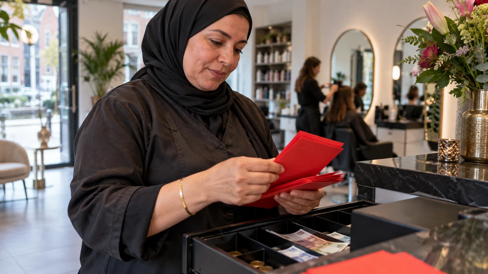 Maker werkt aan een bestelling op een rode werkmat.