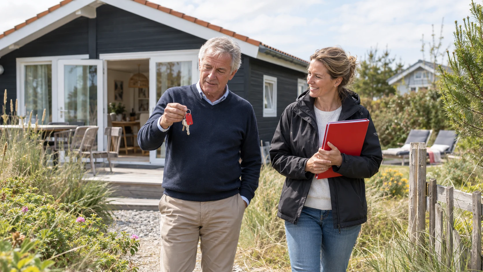 Eigenaar overhandigt de sleutel van een vakantiewoning aan een adviseur.