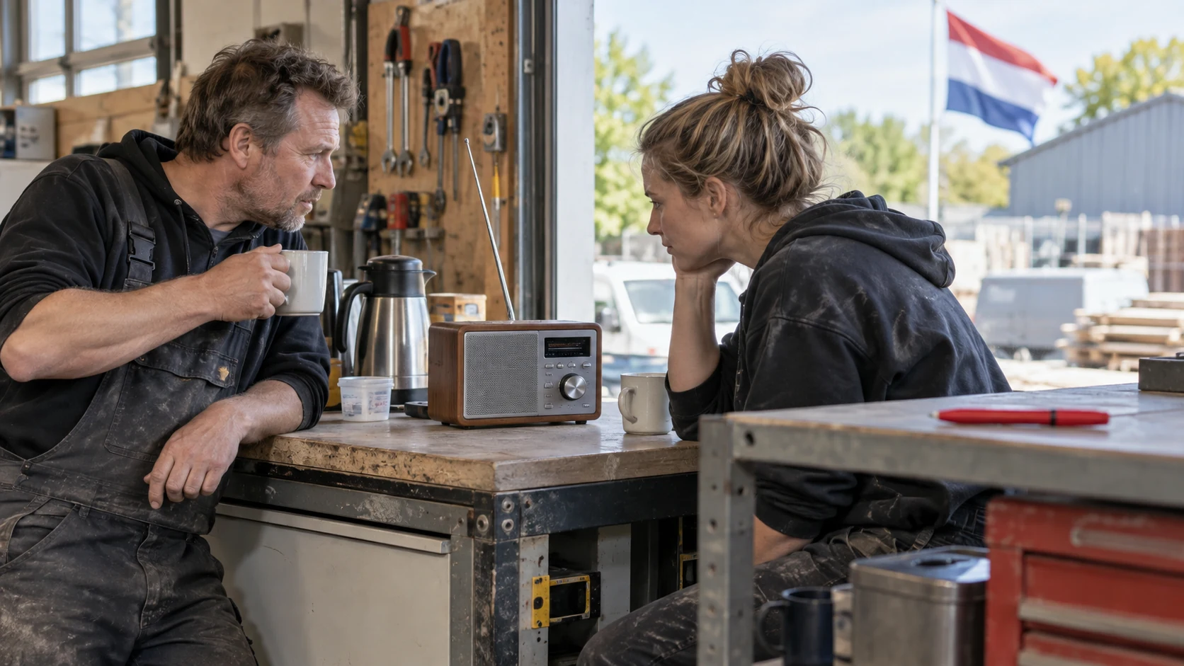 Twee vakmensen luisteren samen naar de radio in hun werkplaats.