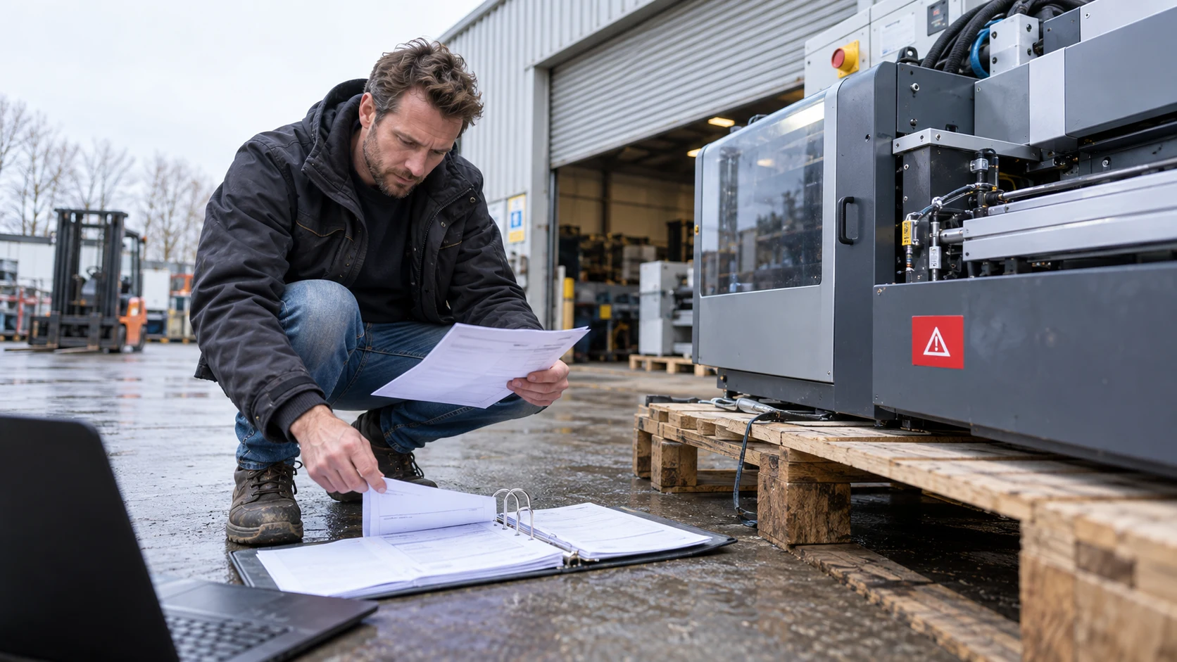 Technicus controleert bouwpapieren naast een industriële machine.