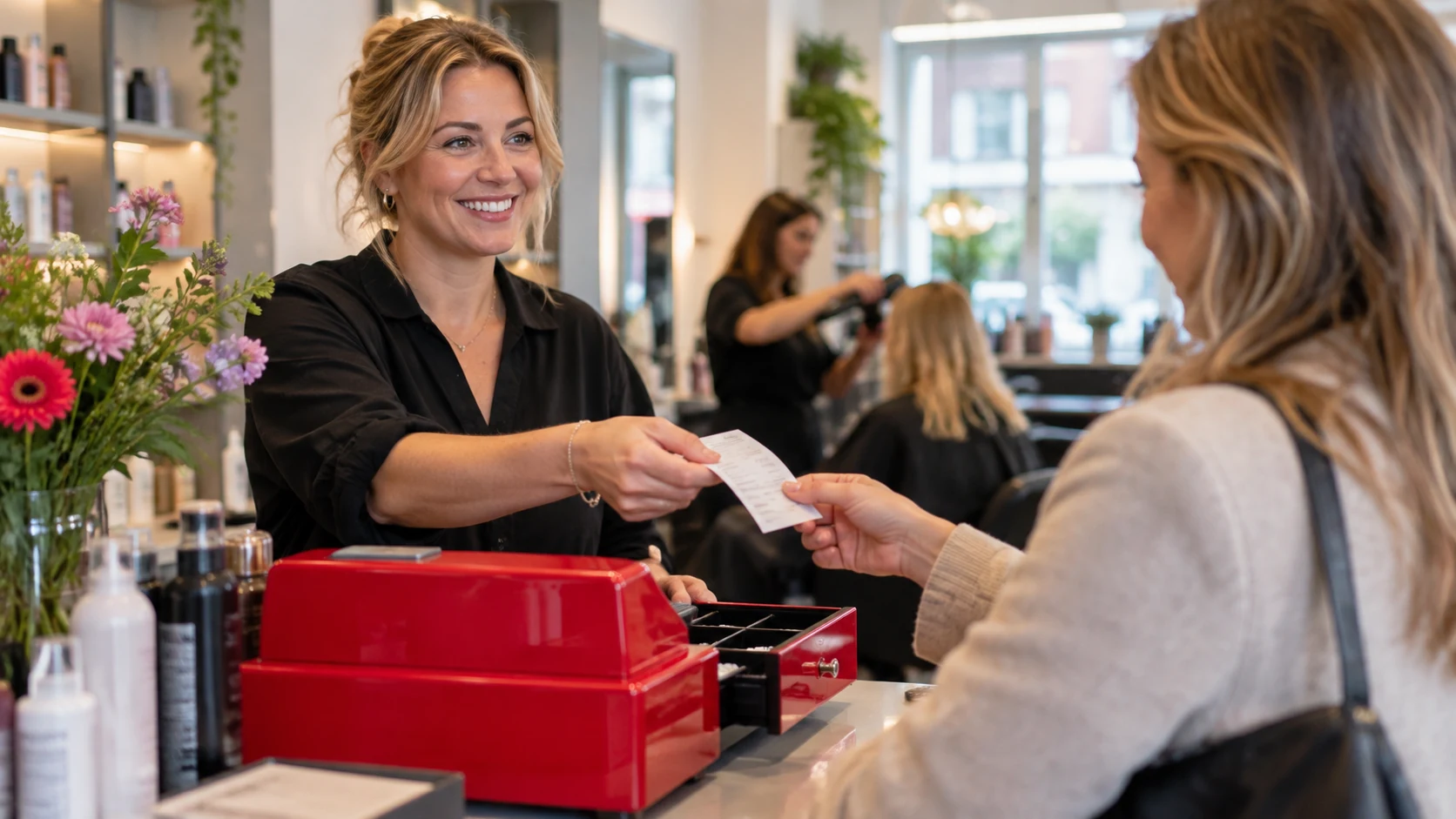 Saloneigenaar overhandigt een kassabon aan een klant.