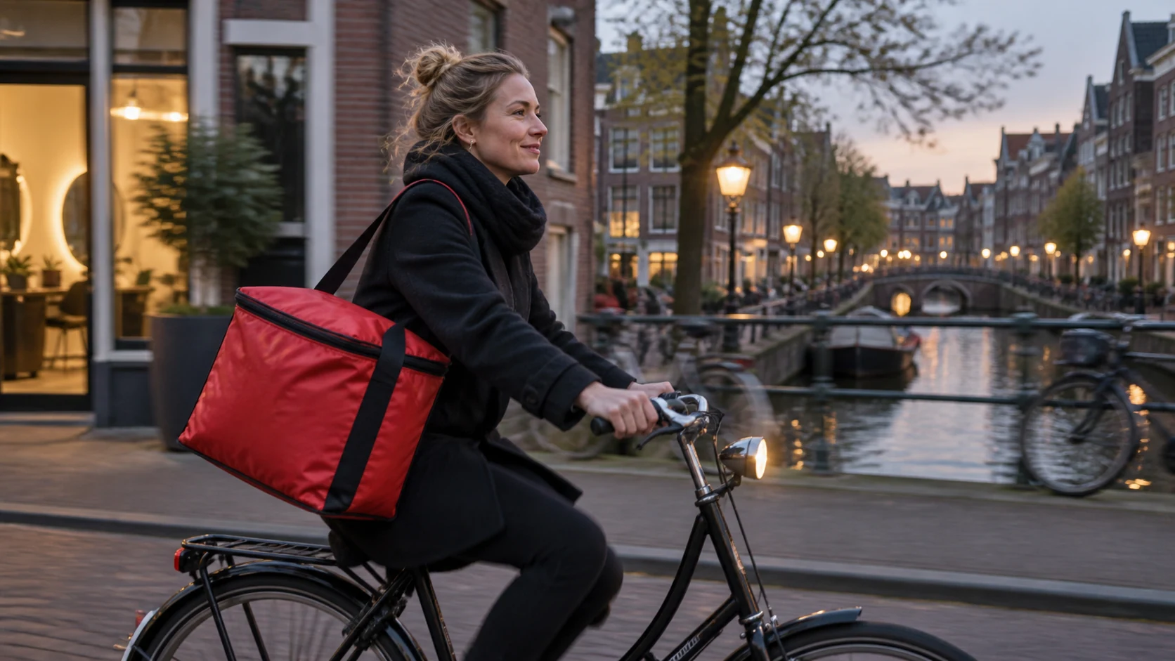 Maaltijdbezorger fietst met een rode bezorgtas door de stad.