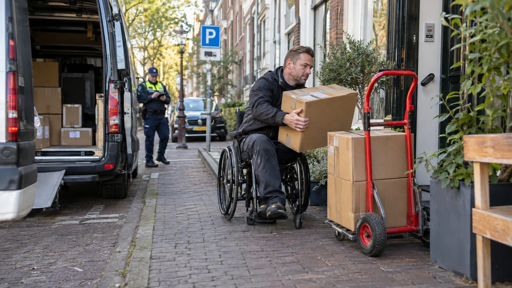 Bezorger laadt dozen en een steekwagen uit een bestelbus.