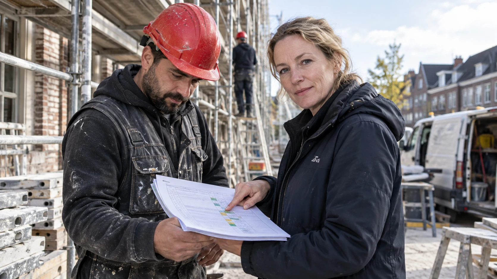 Bouwmedewerkers bespreken een tekening bij een installatie.