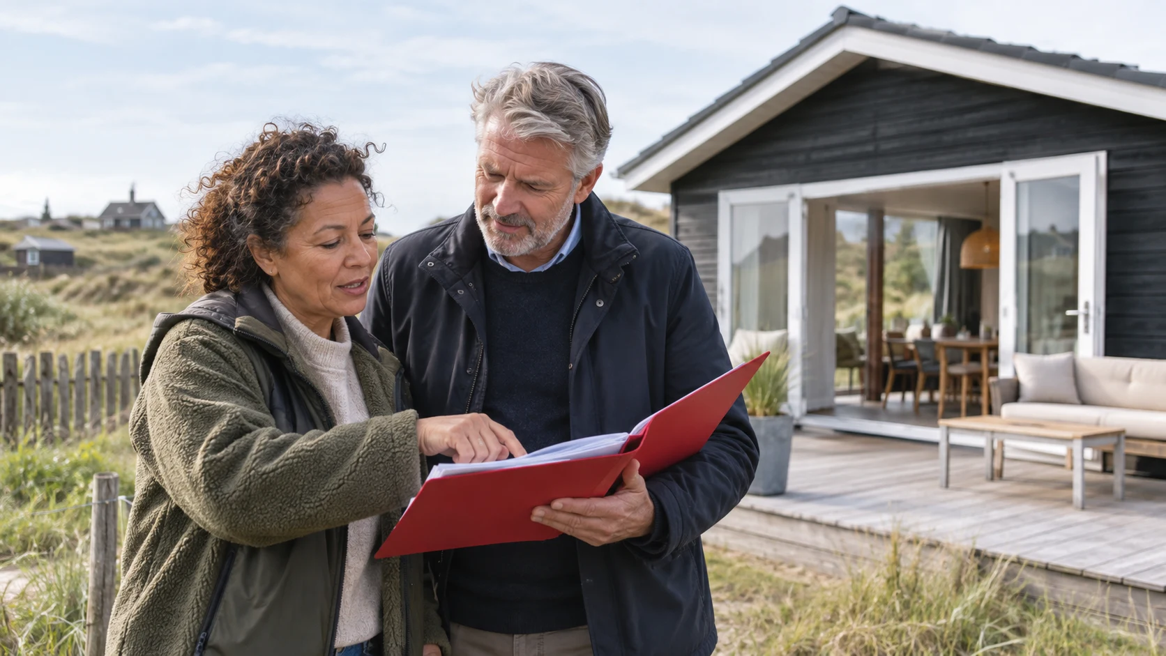 Ondernemer en adviseur bekijken documenten bij een vakantiewoning.
