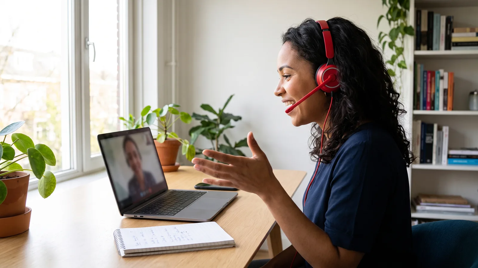 Sales agent met rode headset voert lachend een videogesprek met een klant vanaf haar thuiswerkplek
