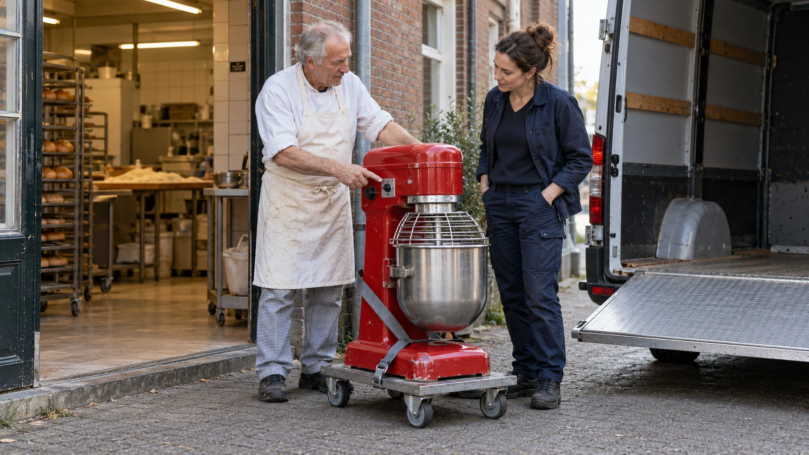 Bakkerijondernemer draagt een gebruikte rode deegmenger over aan een koper die hem ophaalt.