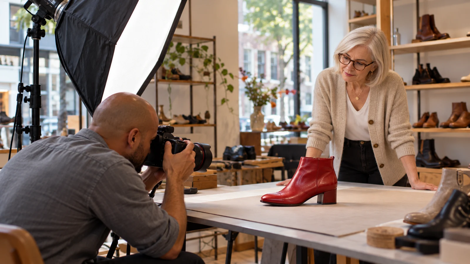 Marketingmaker fotografeert een rode schoen samen met de winkelier.