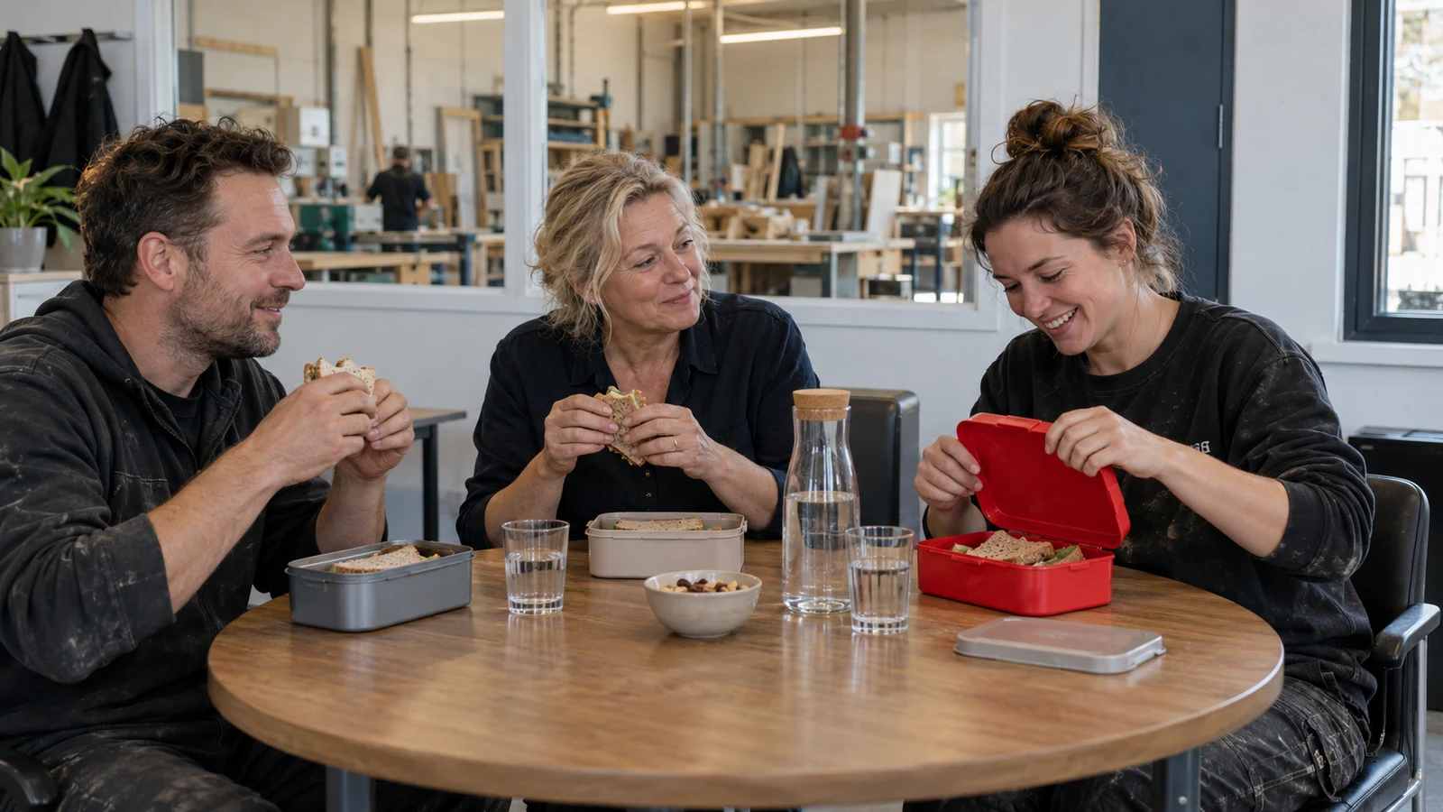Ondernemer en twee medewerkers eten samen in de pauzeruimte.