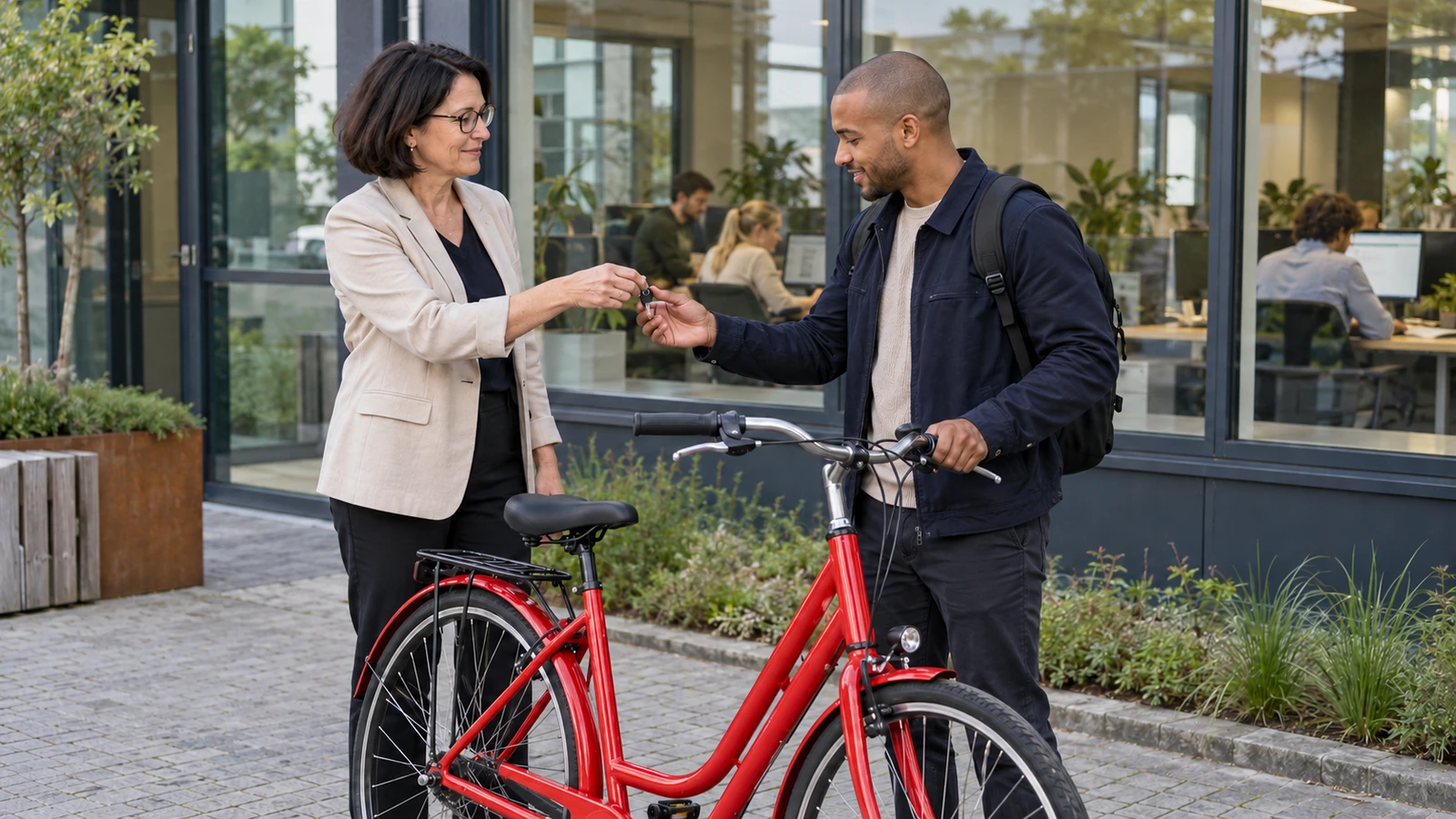 Een werkgever geeft een medewerker een rode fiets als personeelsvoorziening bij de zaak.