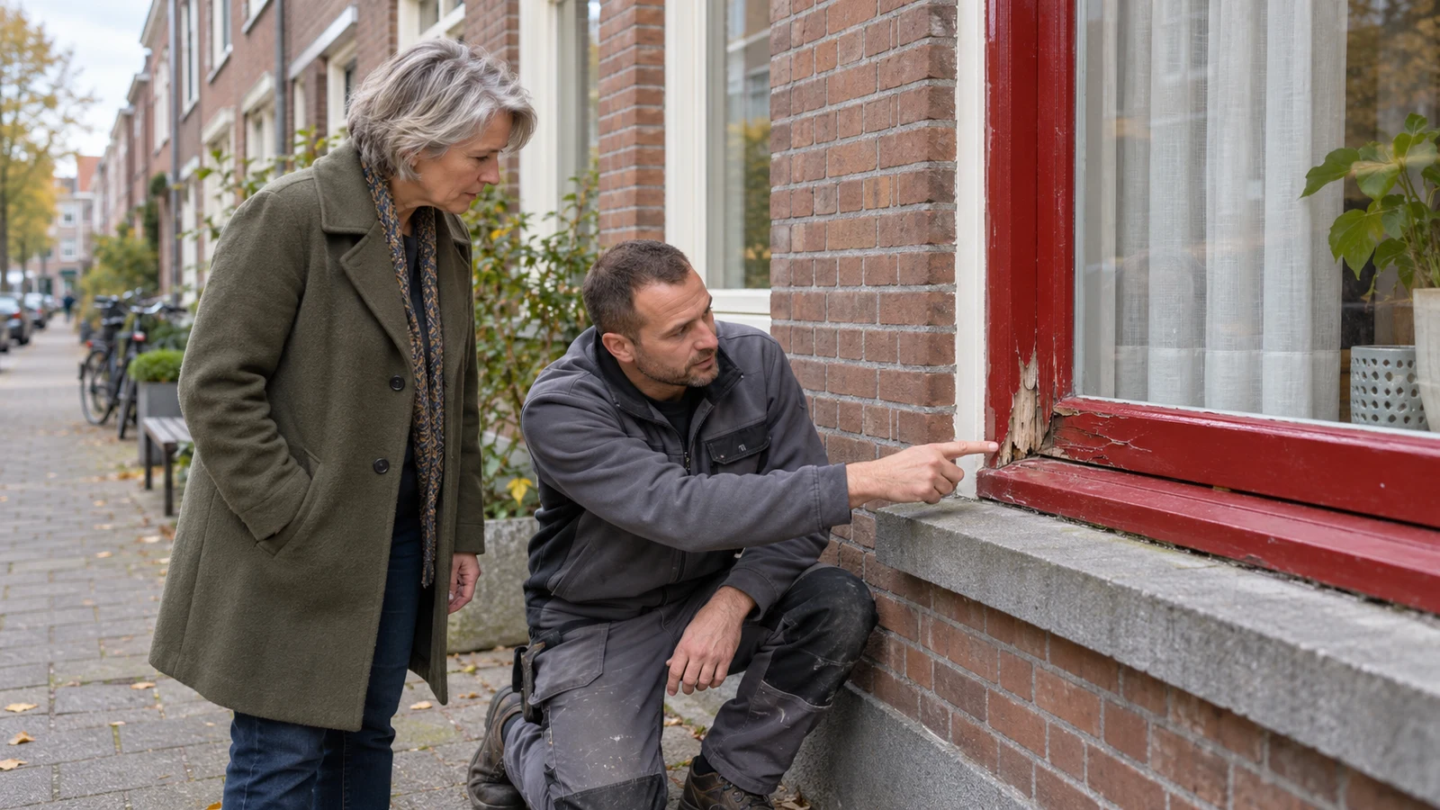 Een verhuurder en timmerman bekijken houtrot in een rood kozijn van een woning.