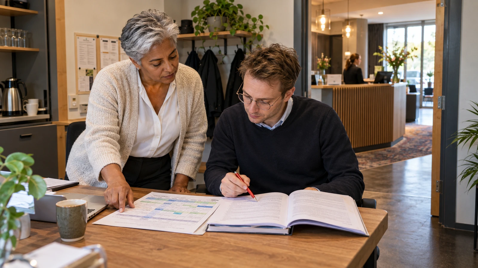 Een werkgever en medewerker vergelijken de werktijden in het arbeidscontract met de cao naast het rooster.