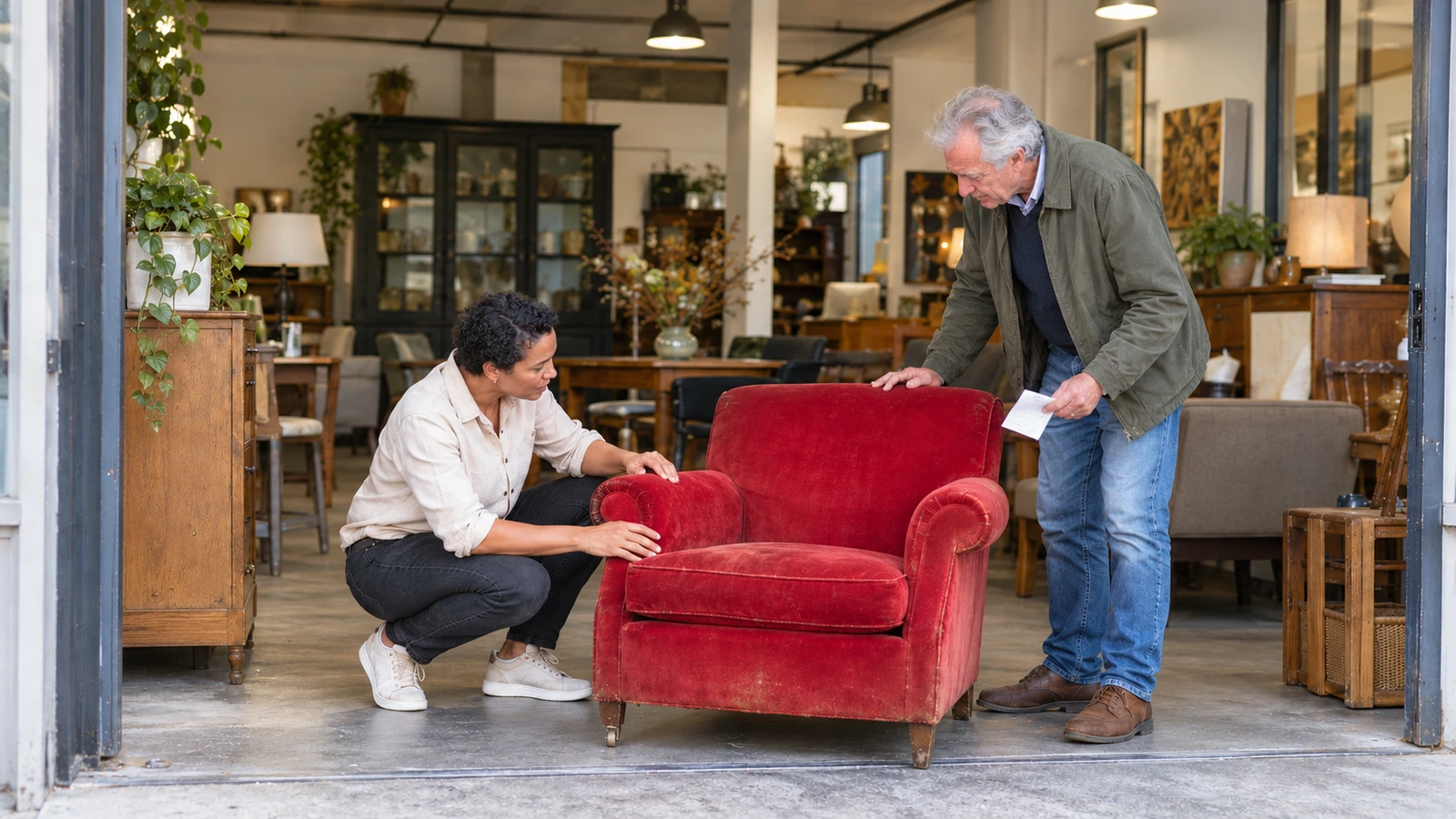 Een tweedehandsmeubelhandelaar koopt een gebruikte rode fauteuil in van een particuliere verkoper.