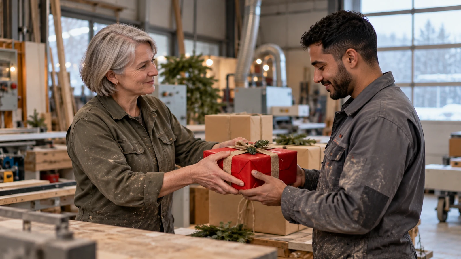 Werkgever geeft een medewerker een rood kerstpakket op de werkvloer.