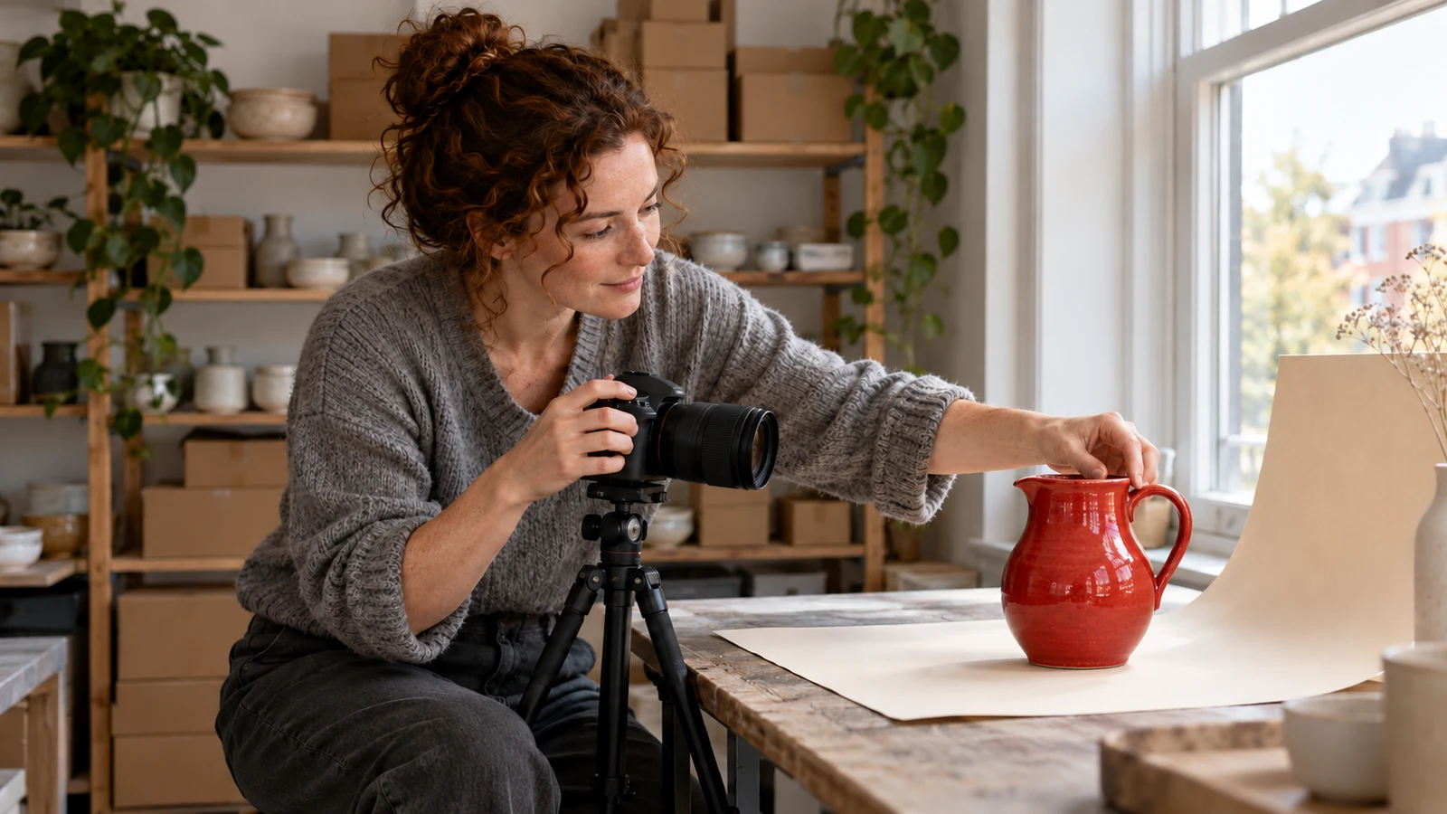 Webwinkelier fotografeert een rode keramieken schenkkan voor de productpagina van haar webshop.