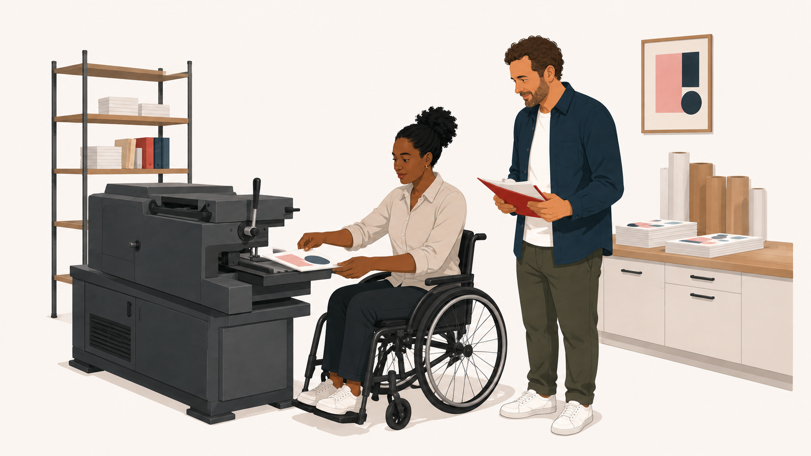 Werkgever en medewerker bekijken samen documenten op de werkvloer.
