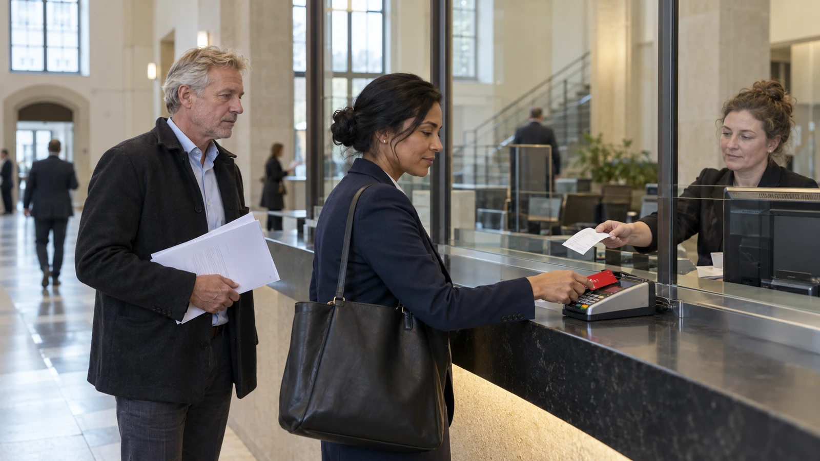 Een advocaat betaalt namens haar cliënt het griffierecht met een rode bankpas bij de rechtbankbalie.