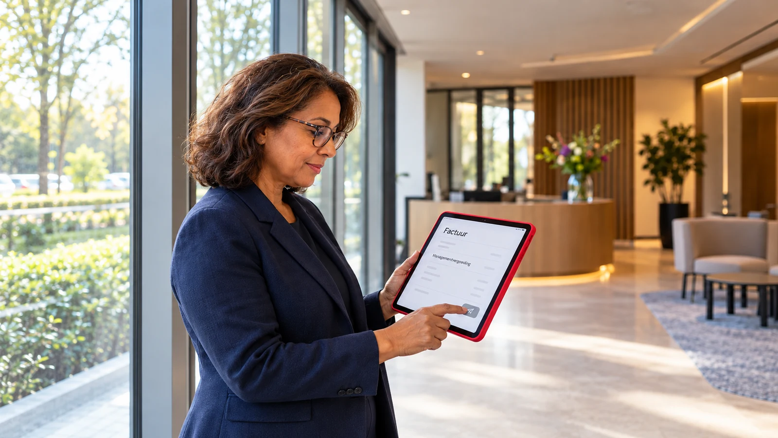 Een zelfstandig manager verstuurt op een rode tablet de factuur voor de managementvergoeding.