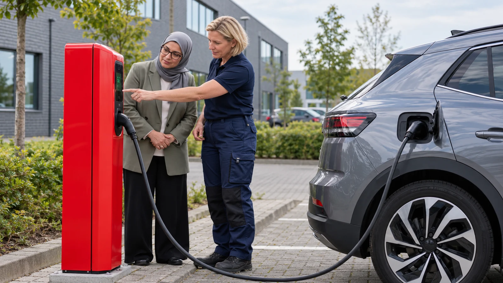 Ondernemer beoordeelt een nieuwe rode laadvoorziening voor het bedrijf.