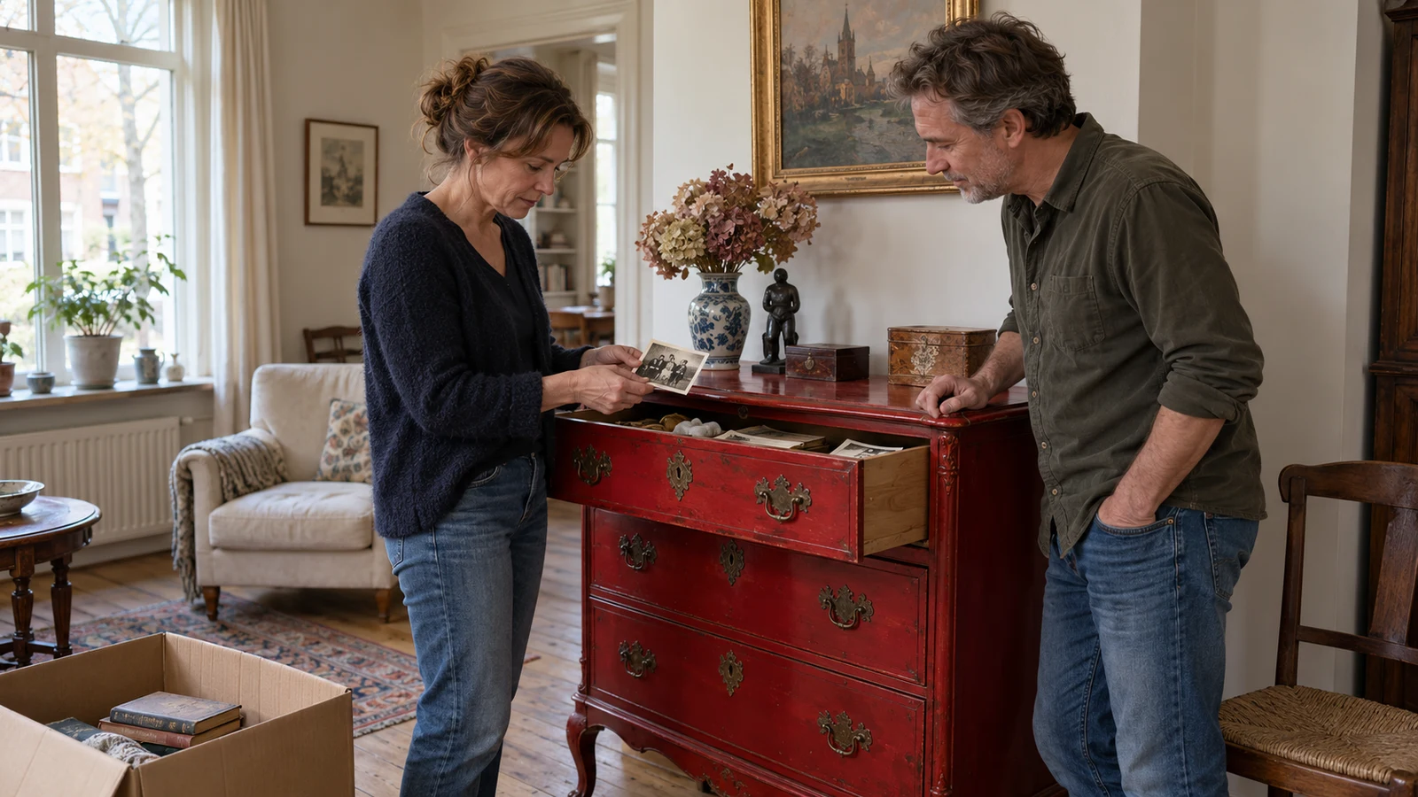 Broer en zus bekijken een oude familiefoto bij een geërfde rode ladekast in het ouderlijk huis.