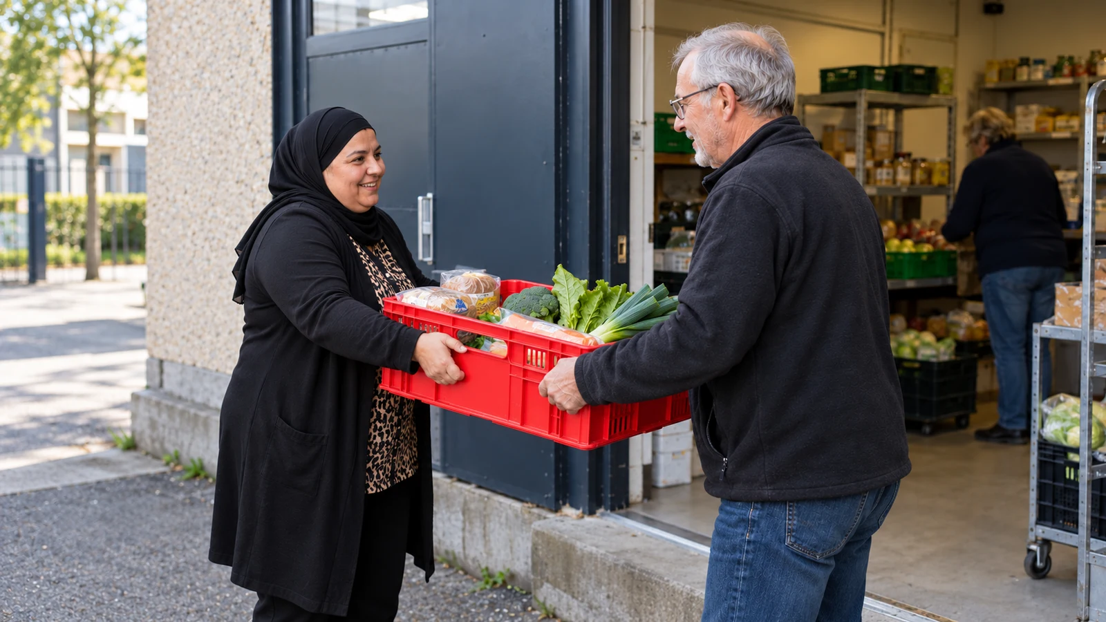 Een ondernemer overhandigt een rode krat met levensmiddelen aan een vrijwilliger bij een voedselbank.