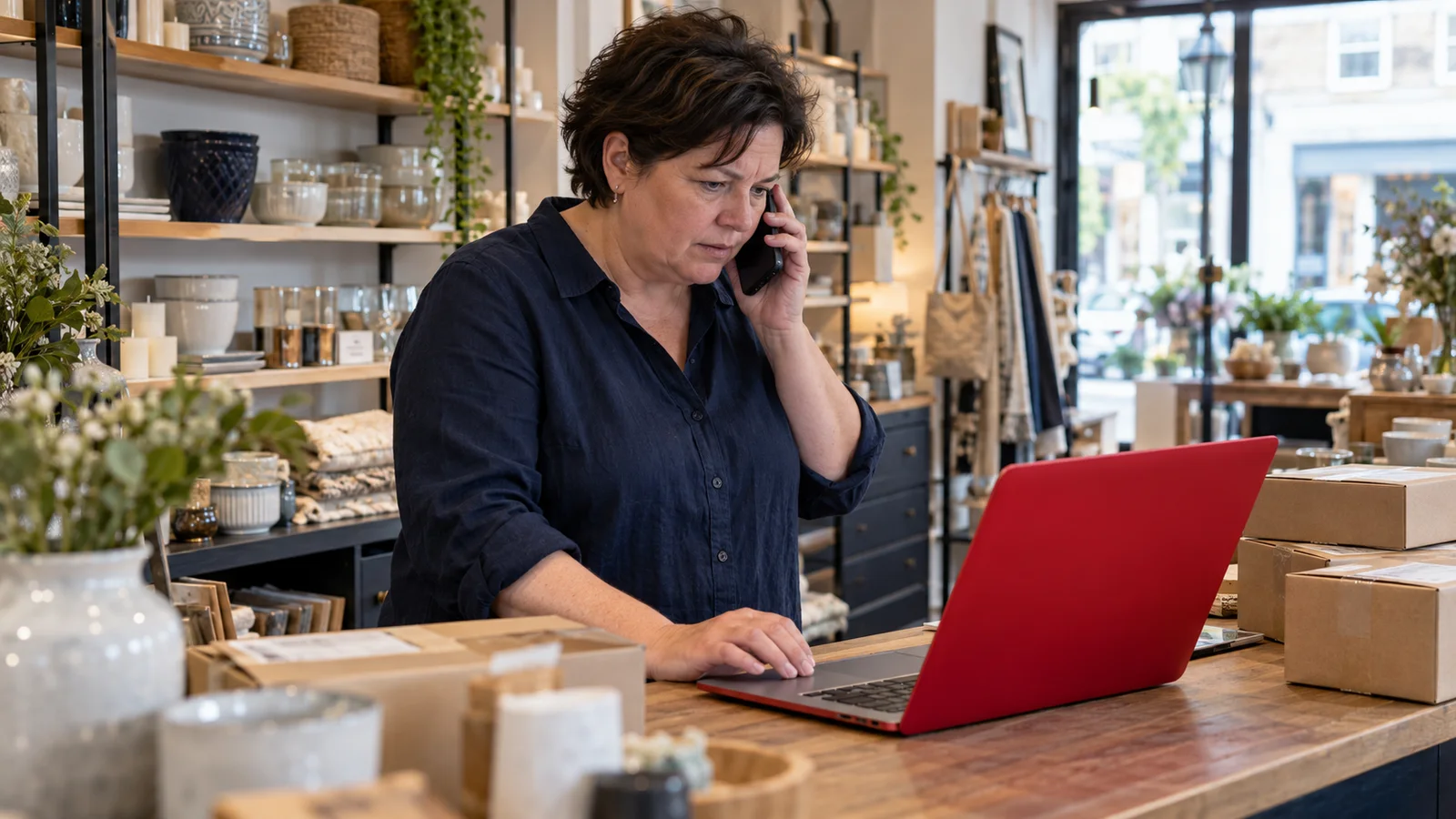 Een winkelier belt naast haar laptop aan de toonbank van haar winkel.