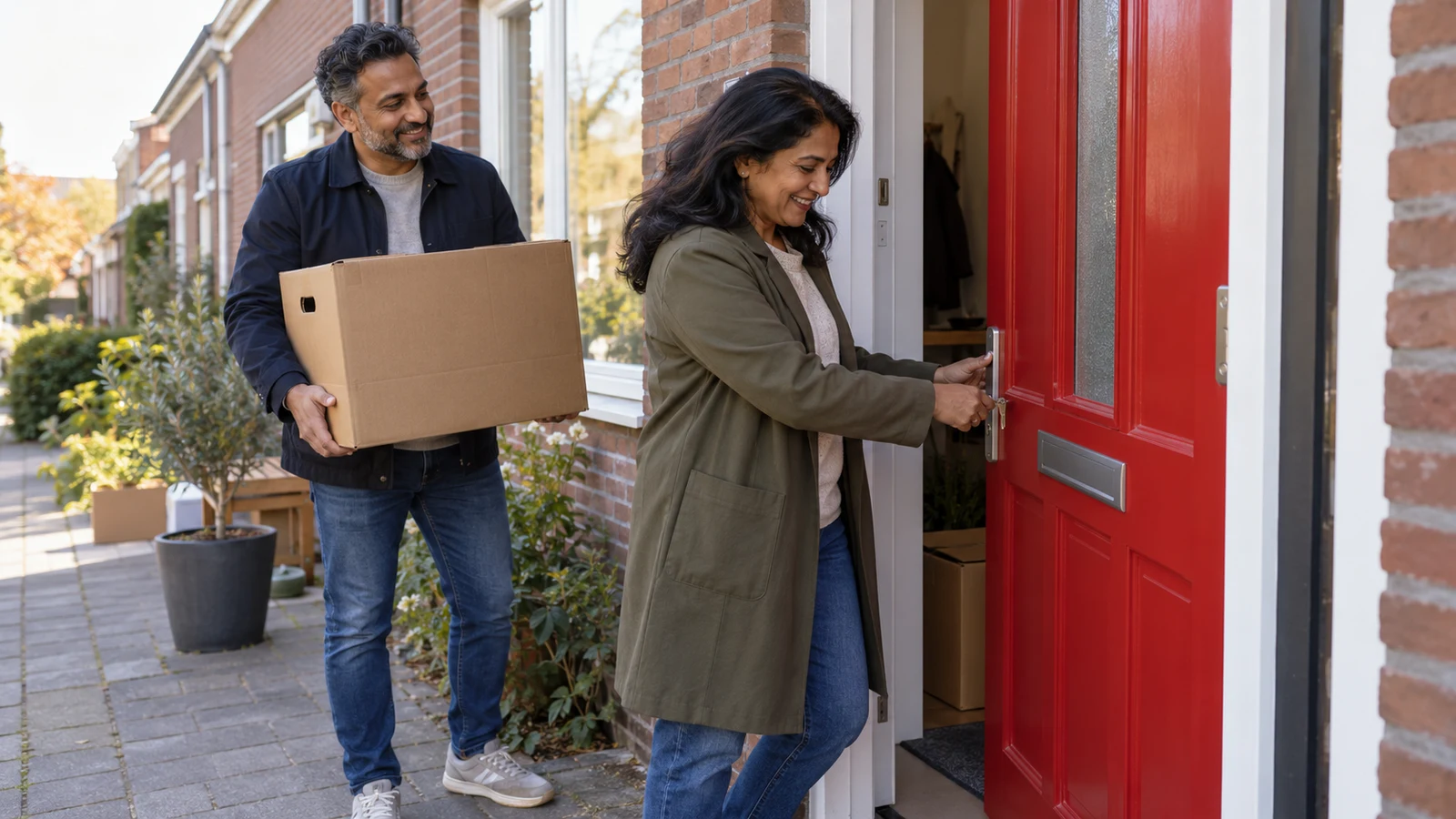 Een ondernemer en haar partner openen de rode voordeur van hun nieuwe woning.