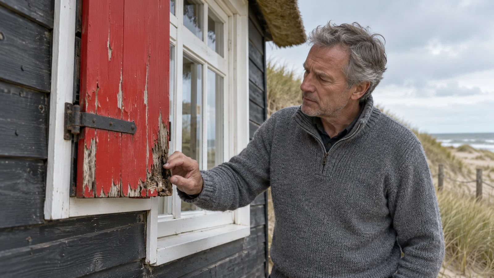 Een eigenaar onderzoekt het afbladderende rode luik van zijn vakantiehuis.