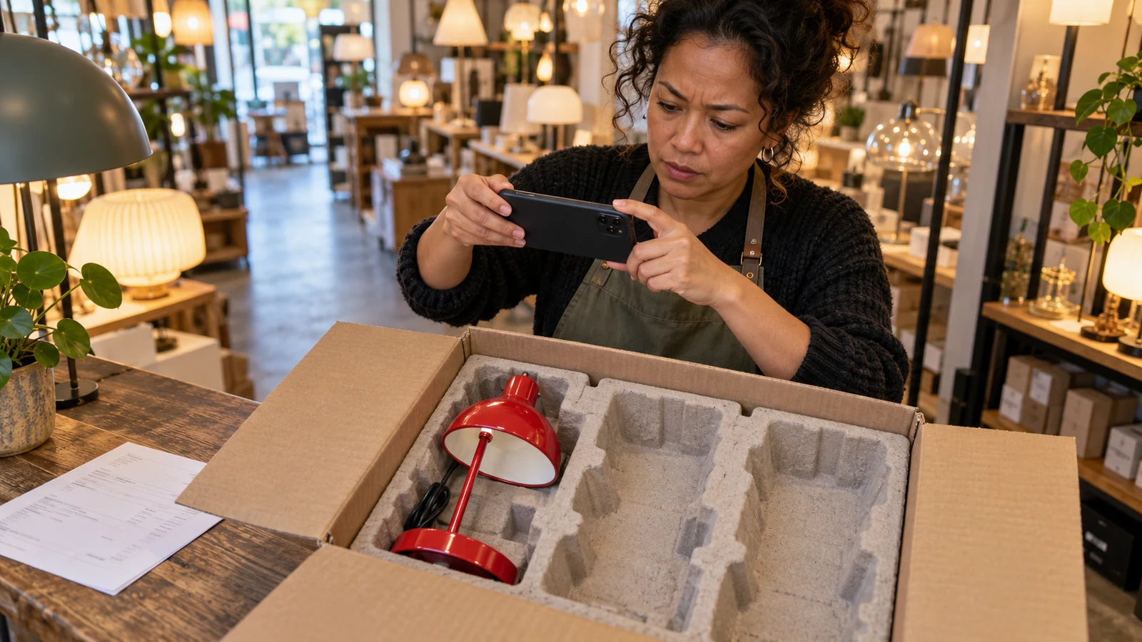 Winkelier fotografeert een onvolledige levering: een rode bureaulamp en twee lege vakken in de verpakking.