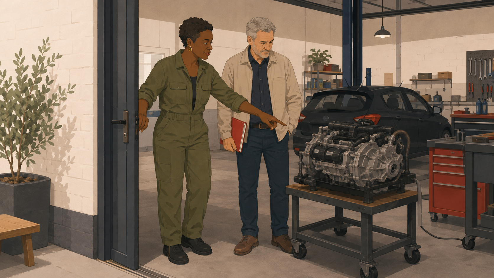 Ondernemers en adviseur in een herkenbare werkplaats
