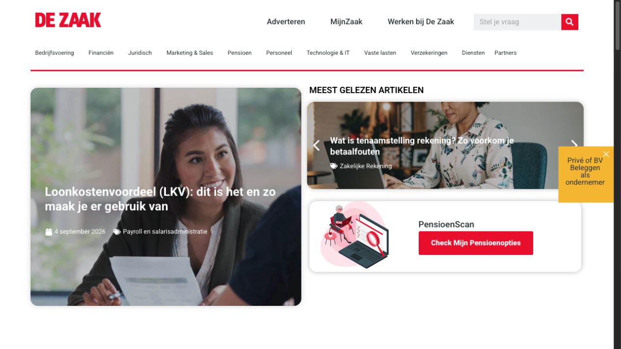 Homepage van dezaak.nl op 6 september 2026, met fotografie en de bestaande PensioenScan-illustratie