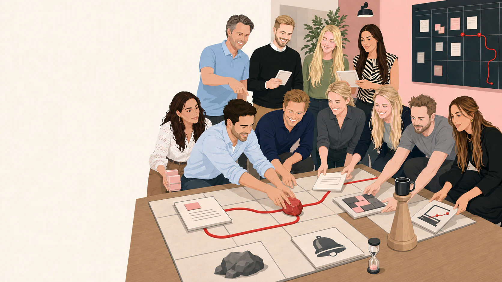 Het team van De Zaak werkt samen aan een groot ondernemersbordspel